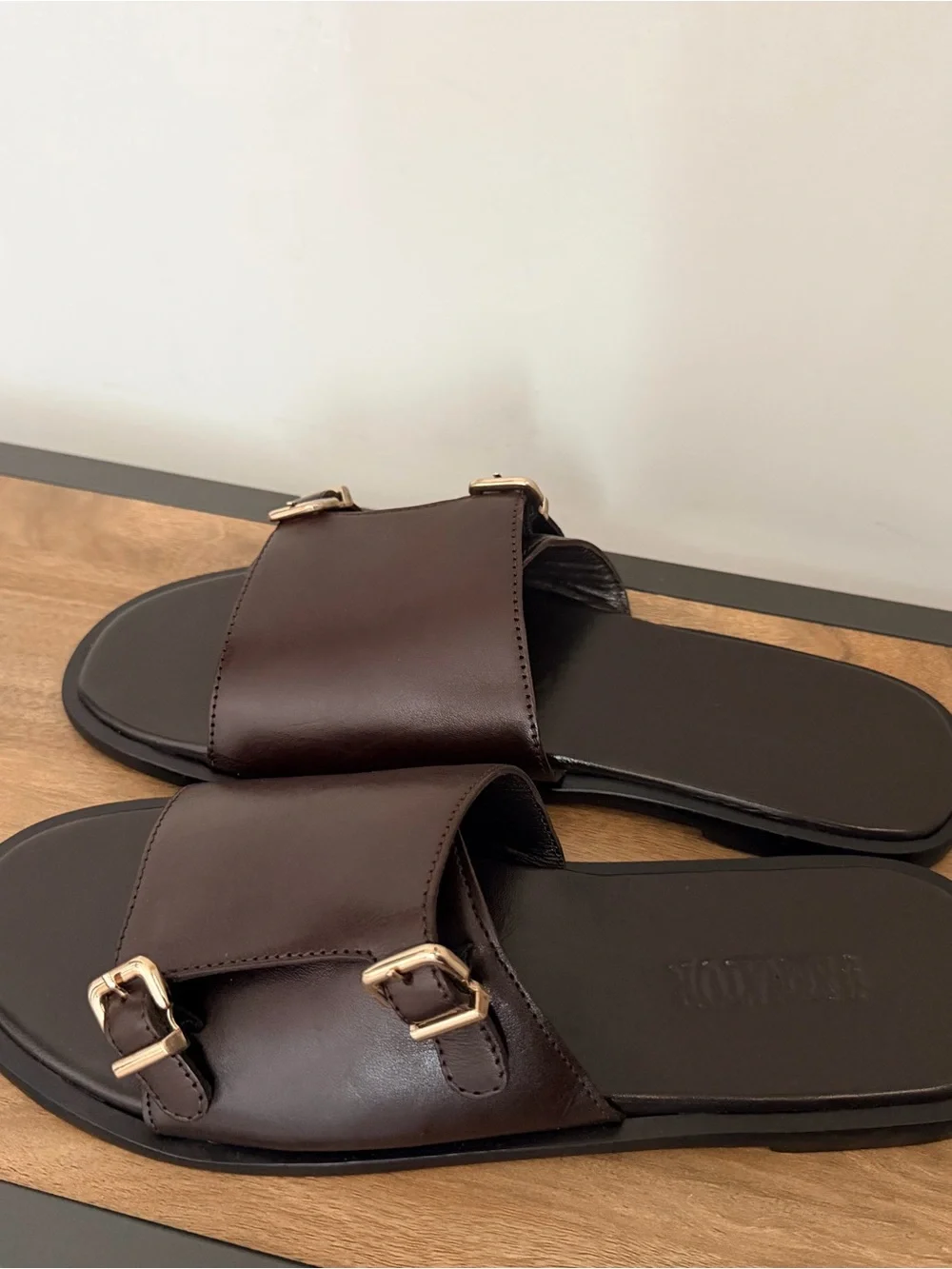 Men's Brown Leather Slide Sandals with Buckle Detail